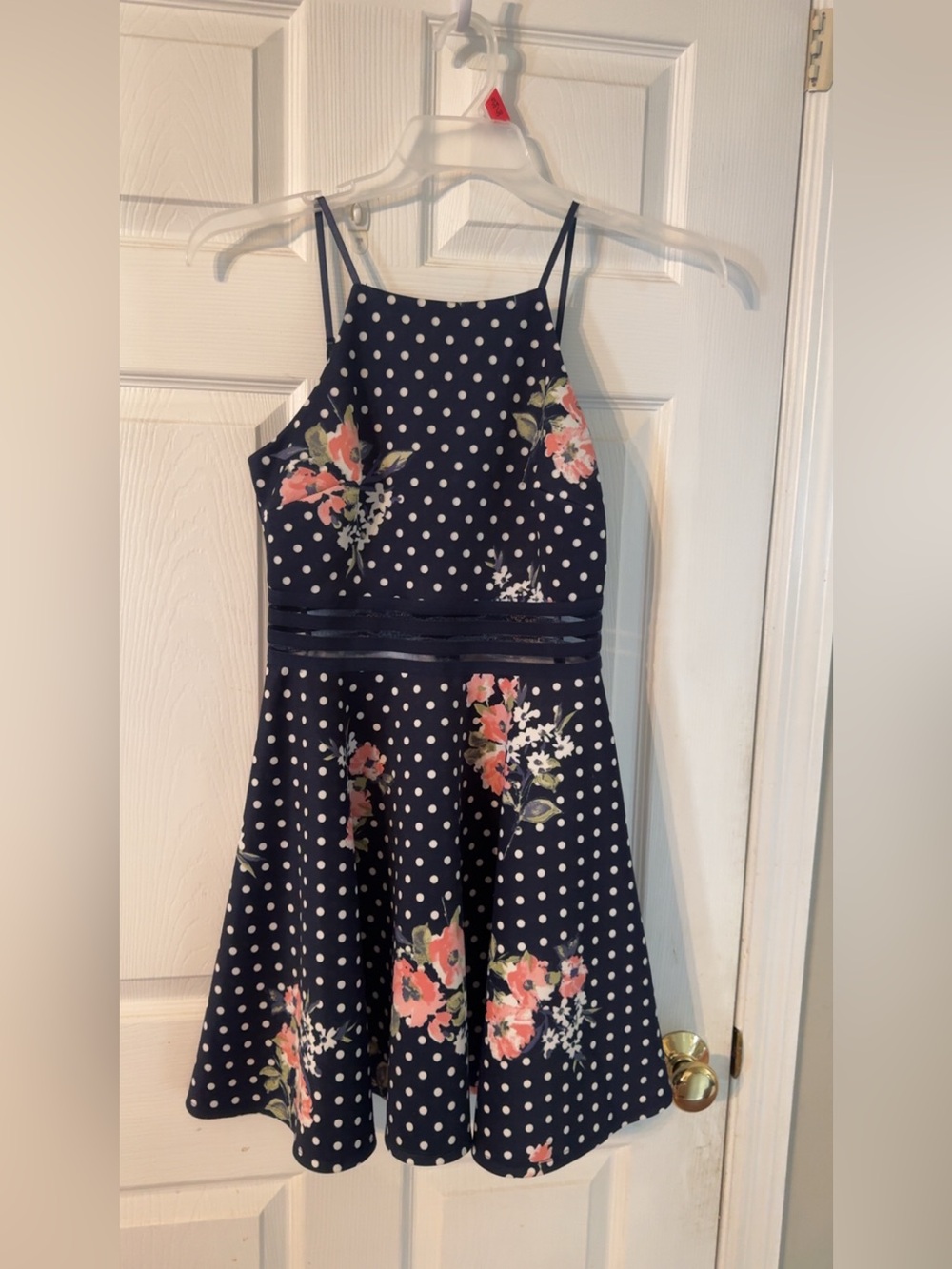 Navy Polka Dot Floral Fit-and-Flare Dress